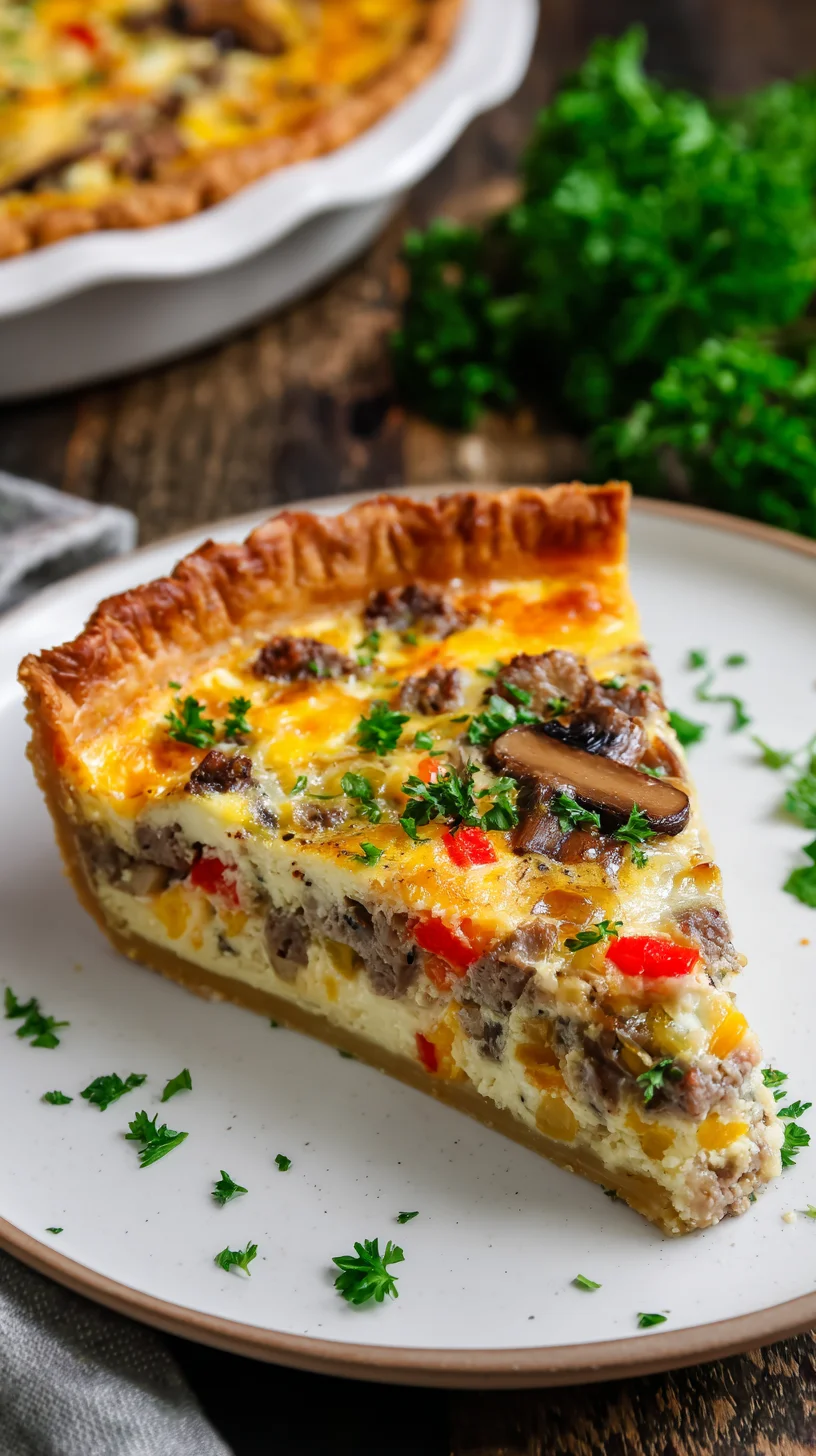 Slice of quiche on a plate, ready to serve.