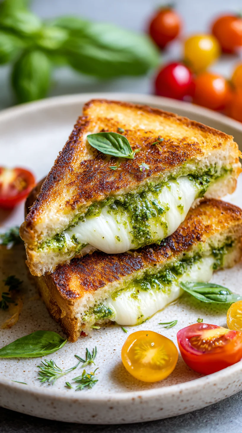 Golden brown pesto grilled cheese sandwich.