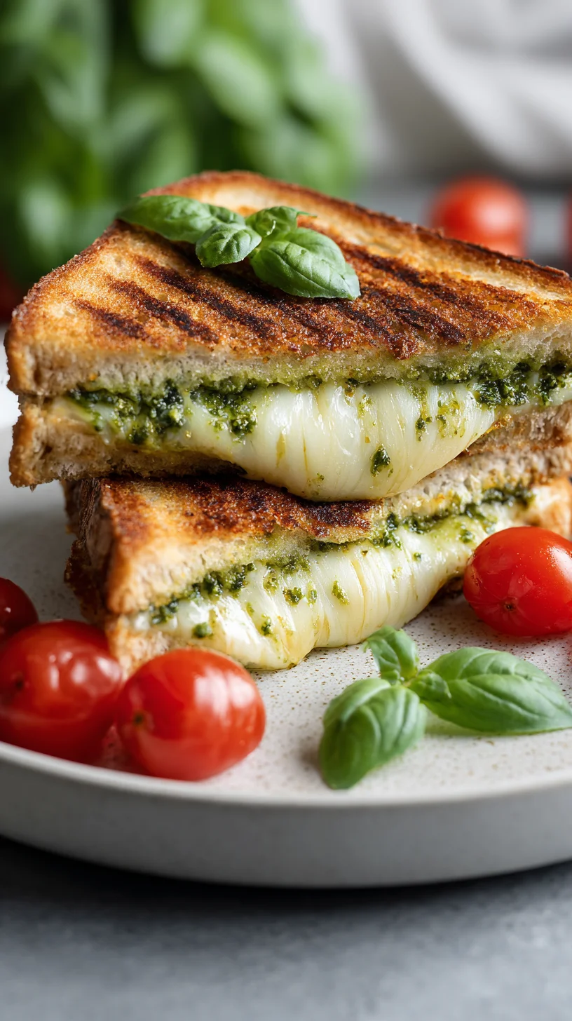 Close-up of a melted pesto grilled cheese.