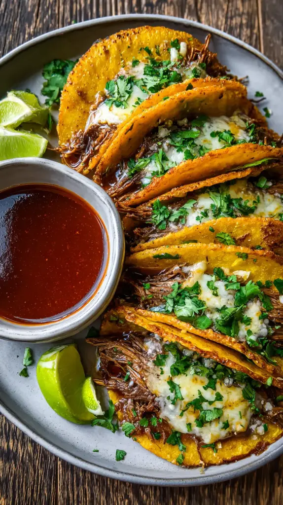 Birria tacos with dipping.