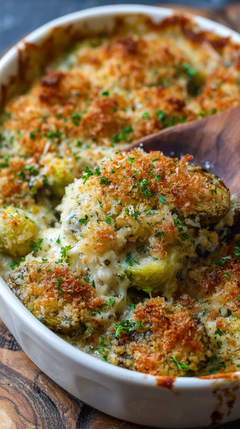 Golden-brown Brussels Sprouts Gratin, bubbly and creamy, guaranteed to convert skeptics with its deliciousness.