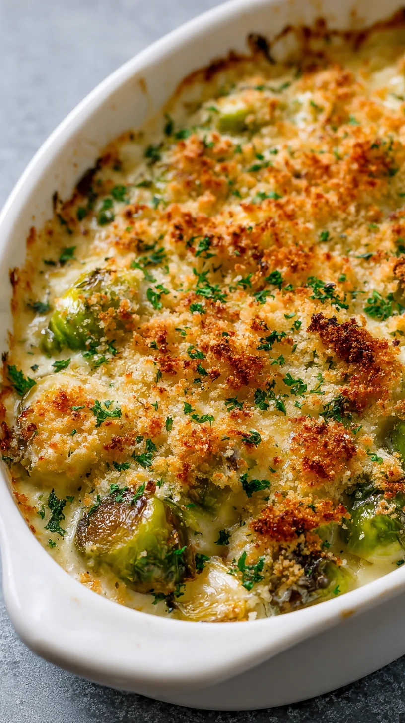 Close-up of a rich Brussels Sprouts Gratin, baked to perfection with a golden cheesy crust, ideal for a winning side dish recipe.