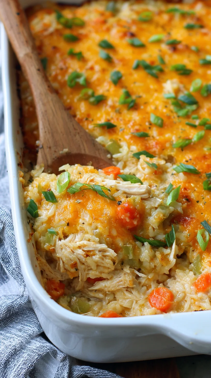 Creamy chicken and rice casserole bubbling with cheese. Creamy chicken and rice casserole bubbling with cheese.