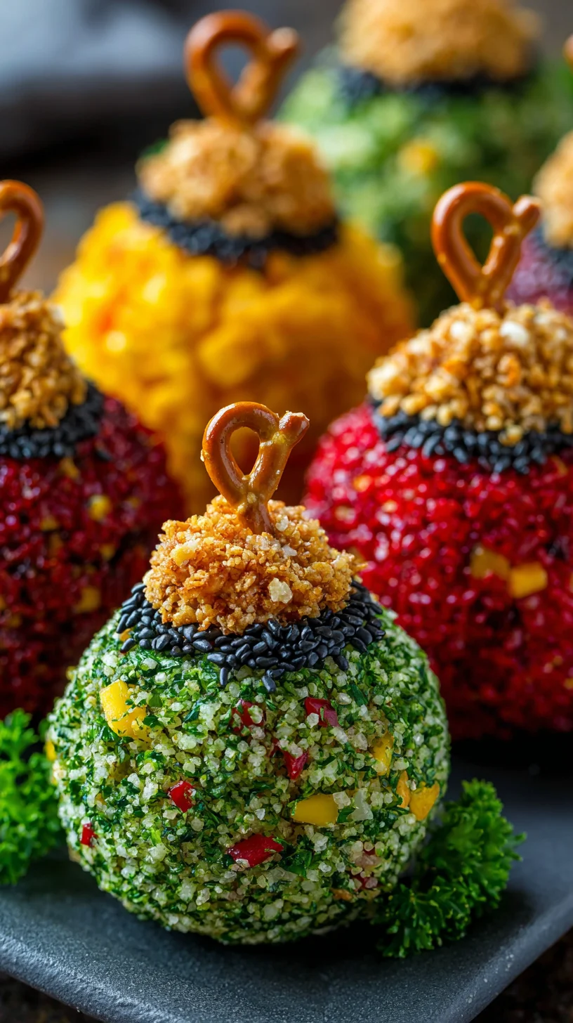 Festive cheese ball shaped like a Christmas ornament.