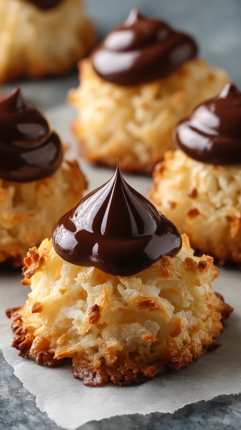 Chocolate blossoms with coconut macaroon base, close-up. Chocolate blossoms with coconut macaroon base, close-up.