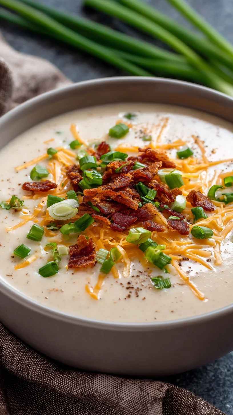 Close-up of potato soup with bacon, cheese, and chives.