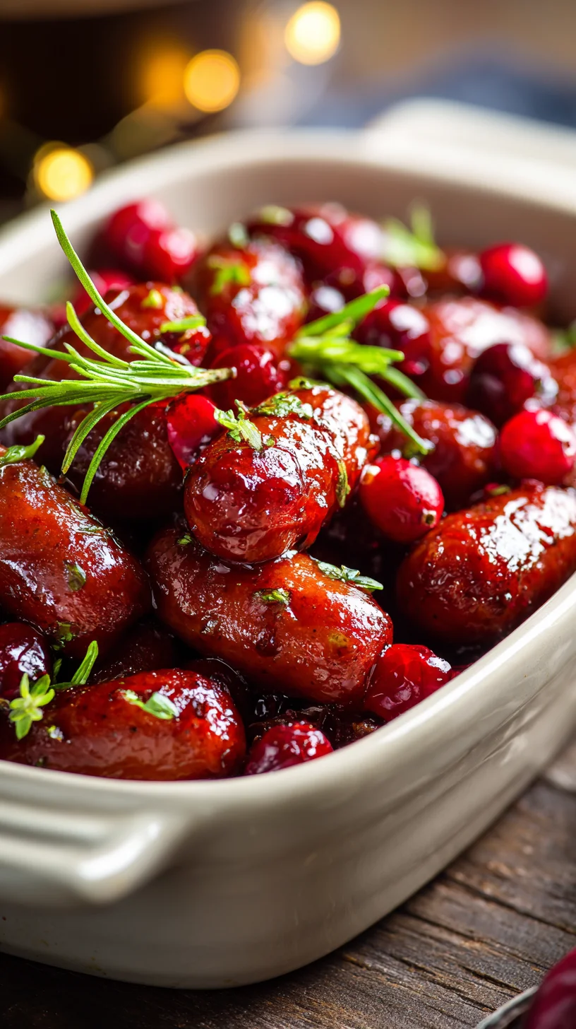 Sweet and spicy cranberry glazed cocktail sausages.