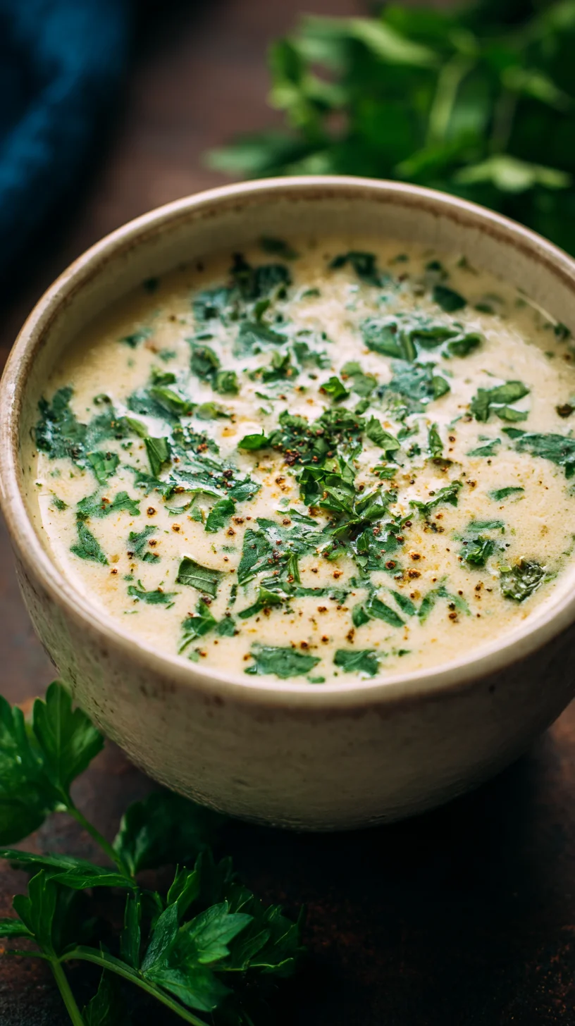 Creamy garlic chickpea soup in a white bowl.