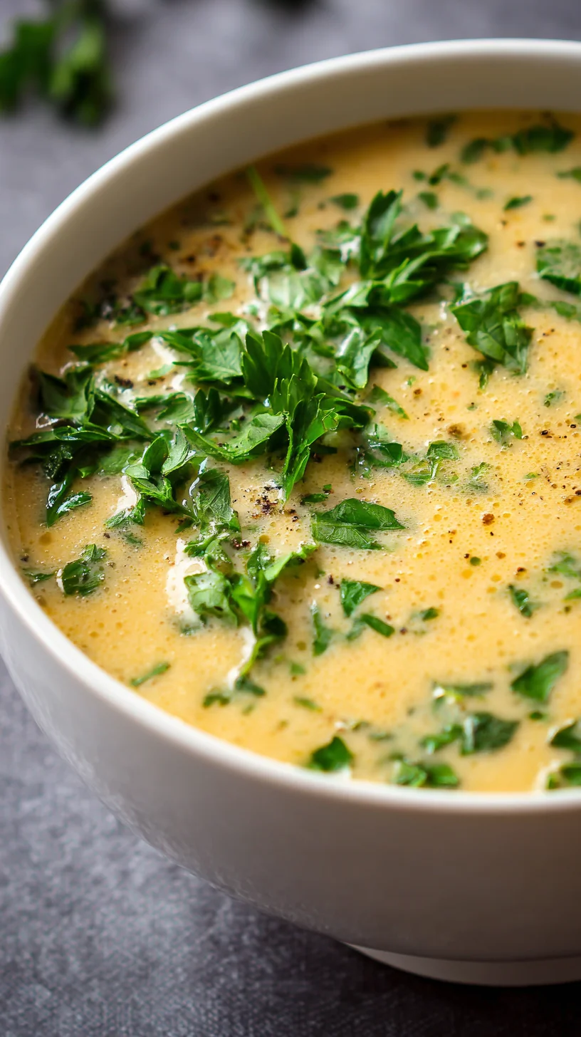 Close-up of chickpea soup with garlic and herbs.
