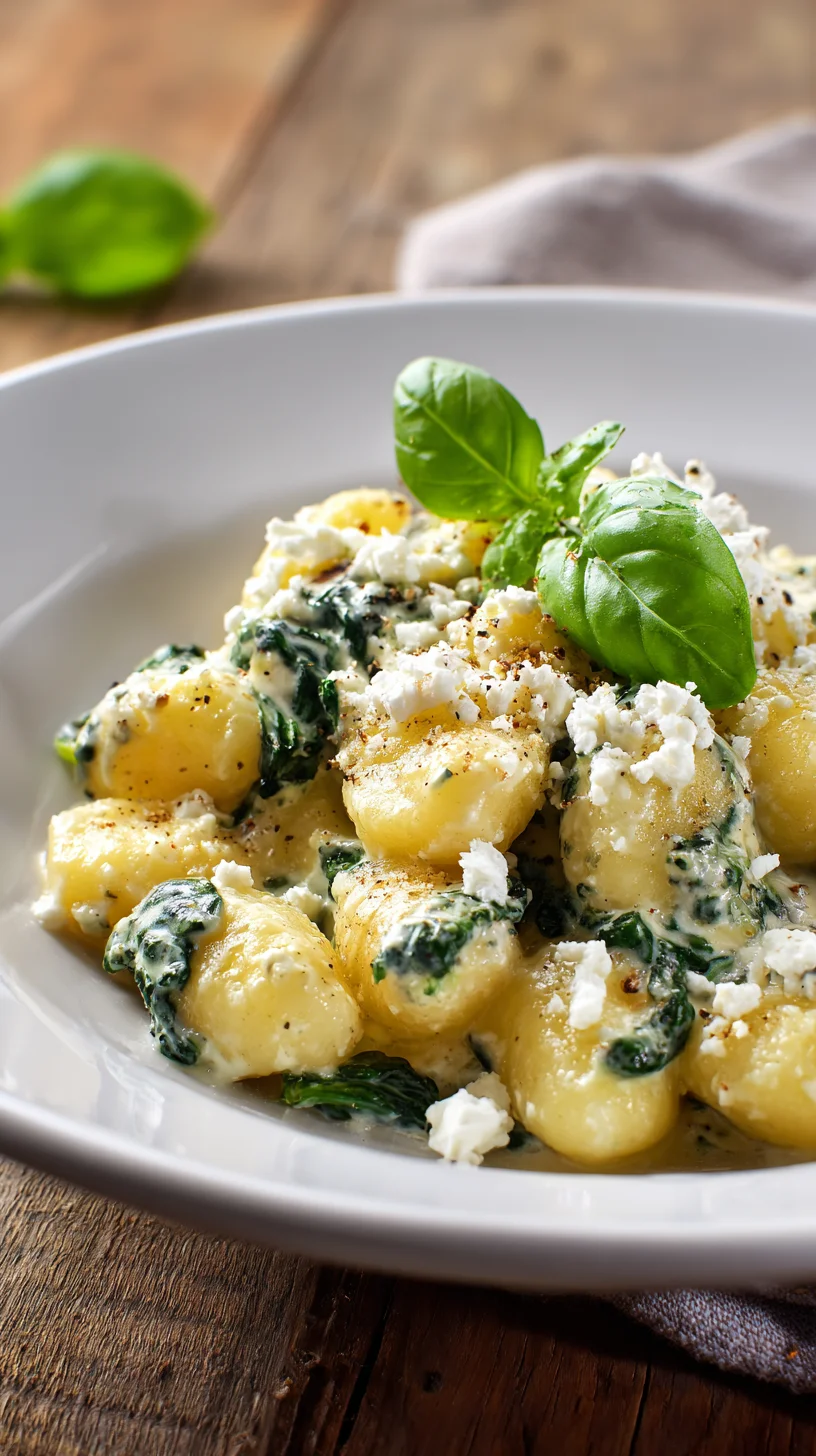 Bowl of creamy gnocchi, spinach, and feta. Bowl of creamy gnocchi, spinach, and feta.