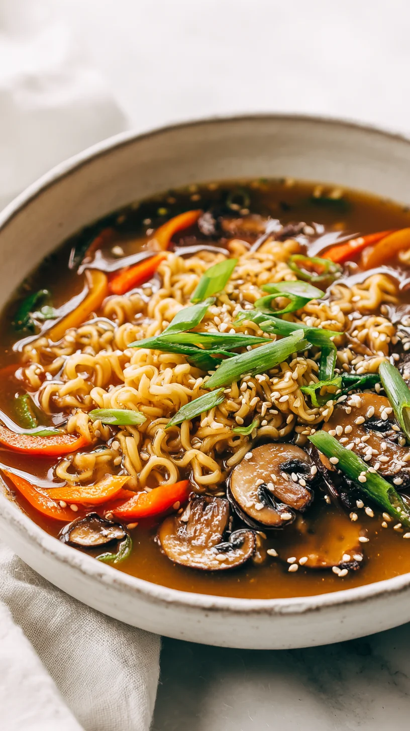 Vegan sesame ramen with noodles and garnishes.