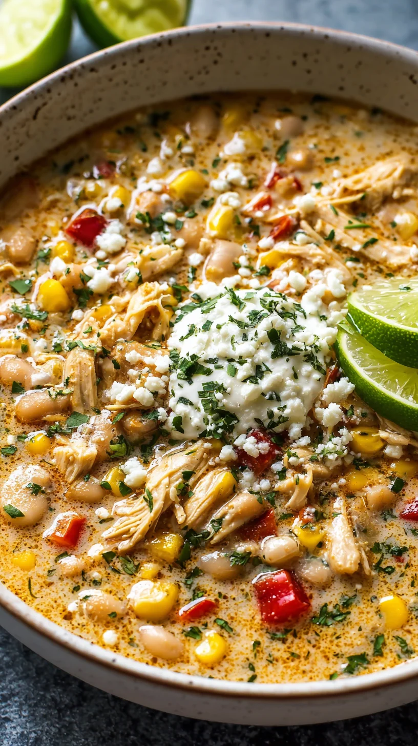 Mexican street corn chicken chili in a white bowl.