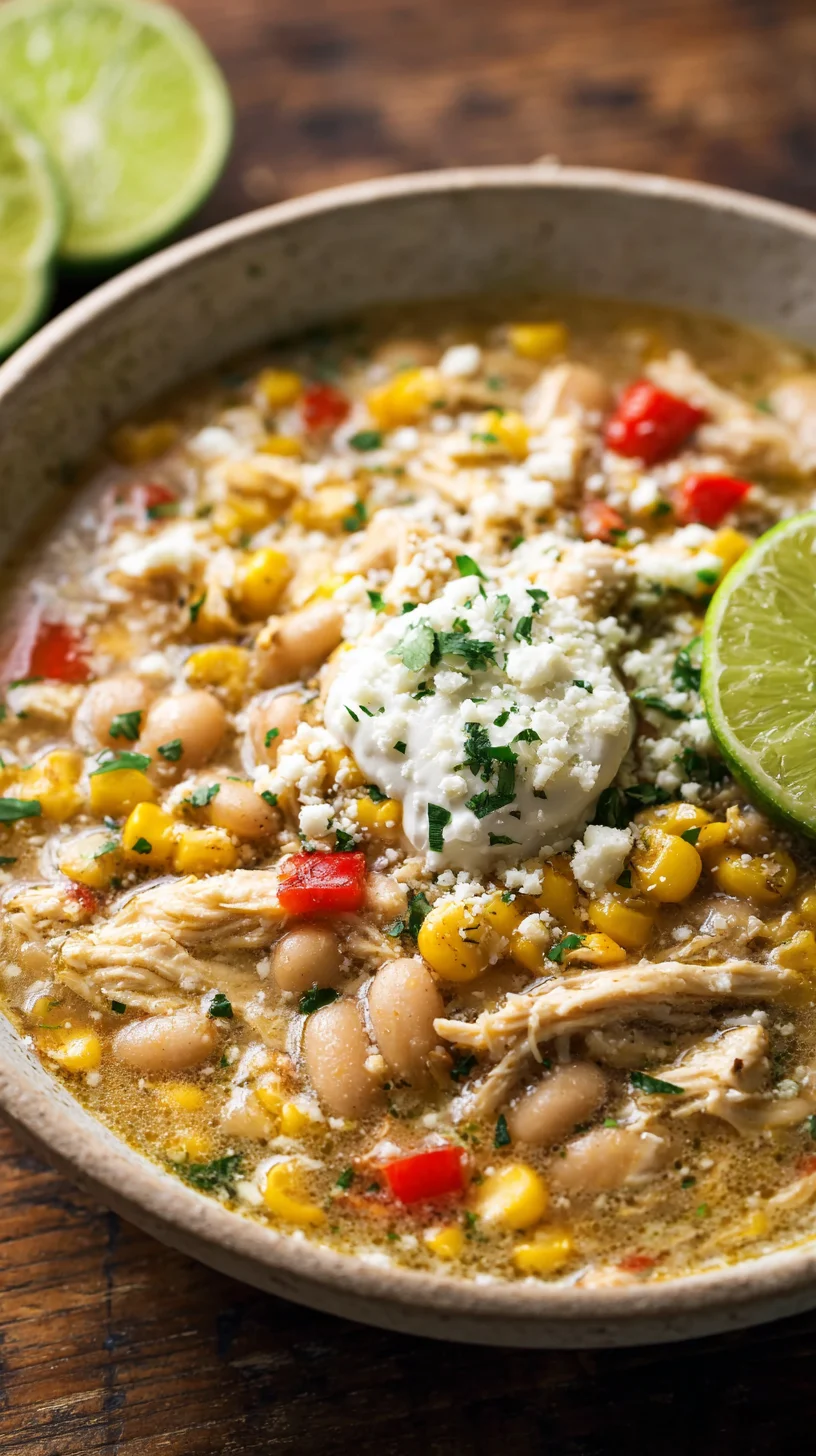 Creamy white chicken chili with corn and cilantro.