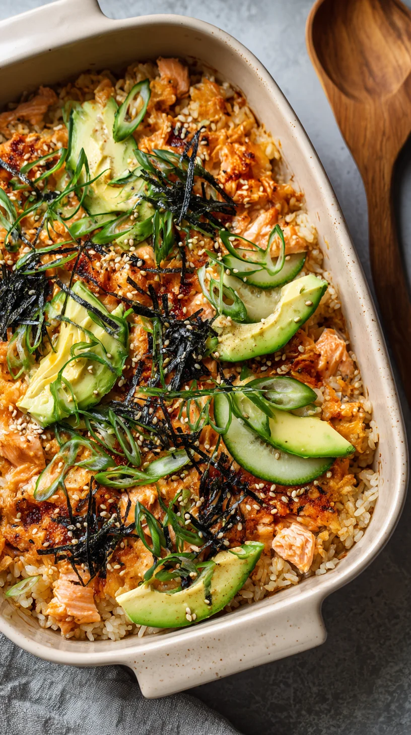 1. Spicy salmon sushi bake in a dish.