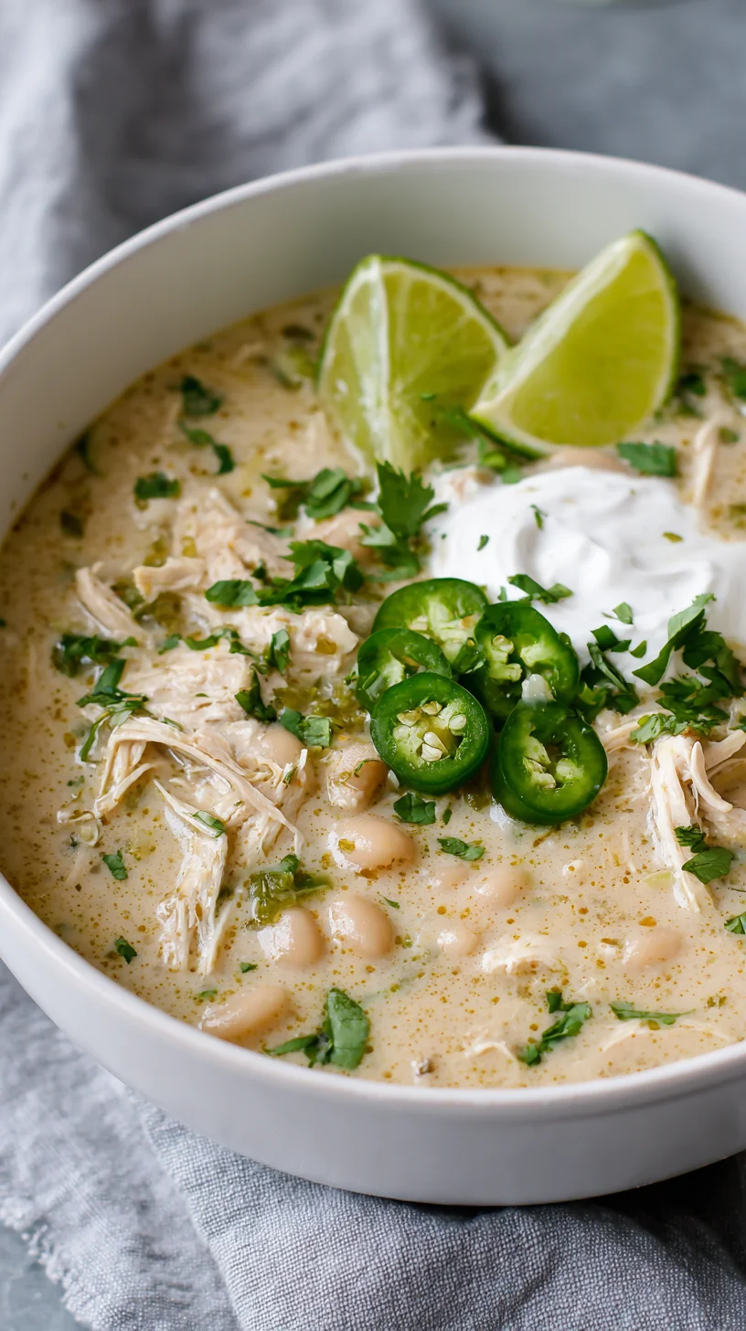 Creamy white chicken chili in a white bowl.