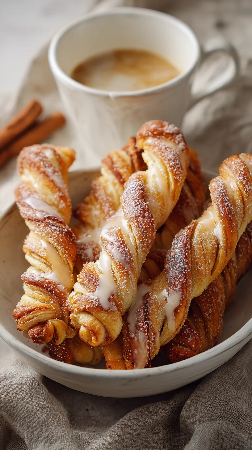 Golden-brown, spiraled cinnamon twists with a flaky texture.