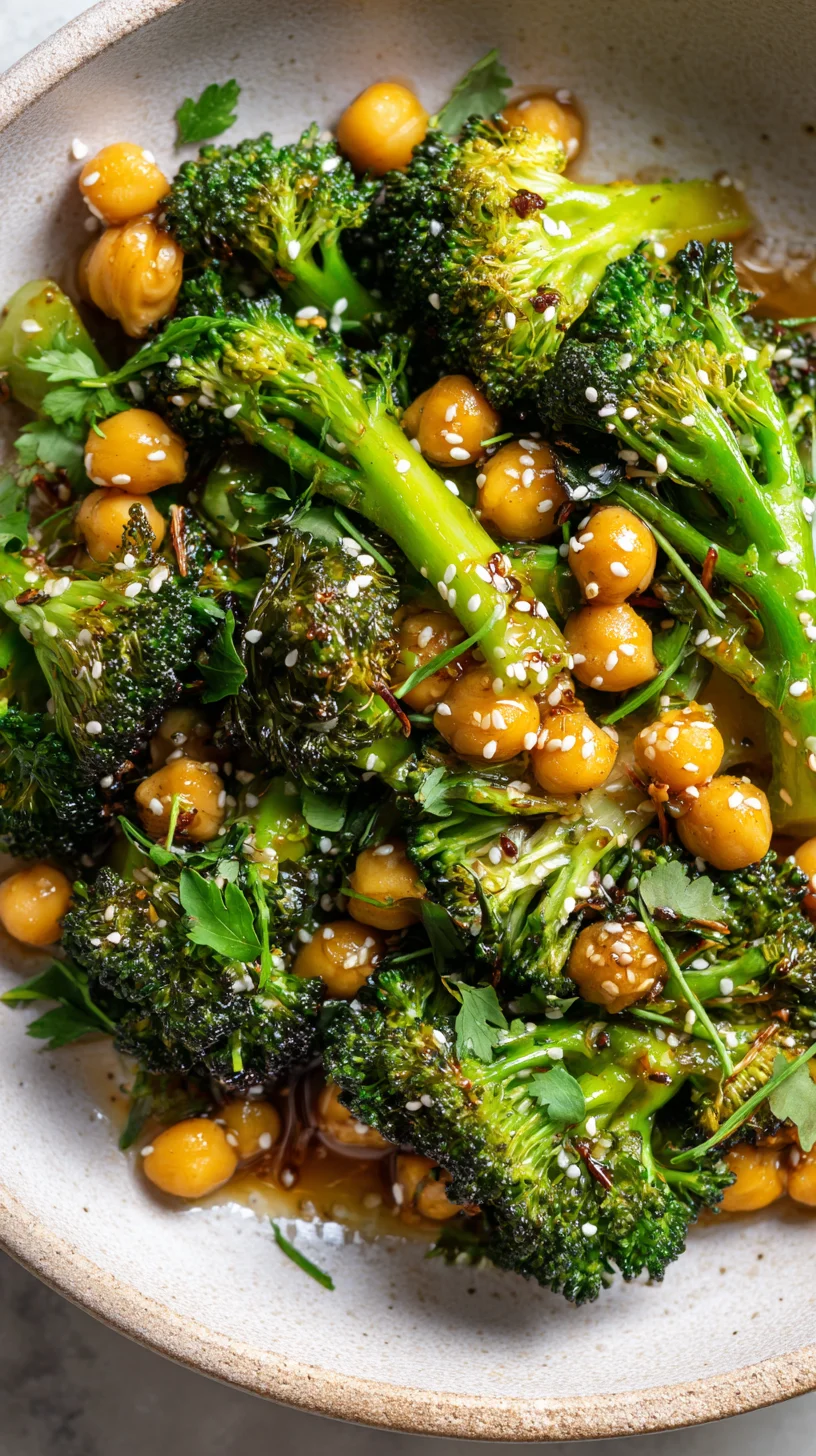 Vibrant garlic broccoli stir fry with chickpeas.