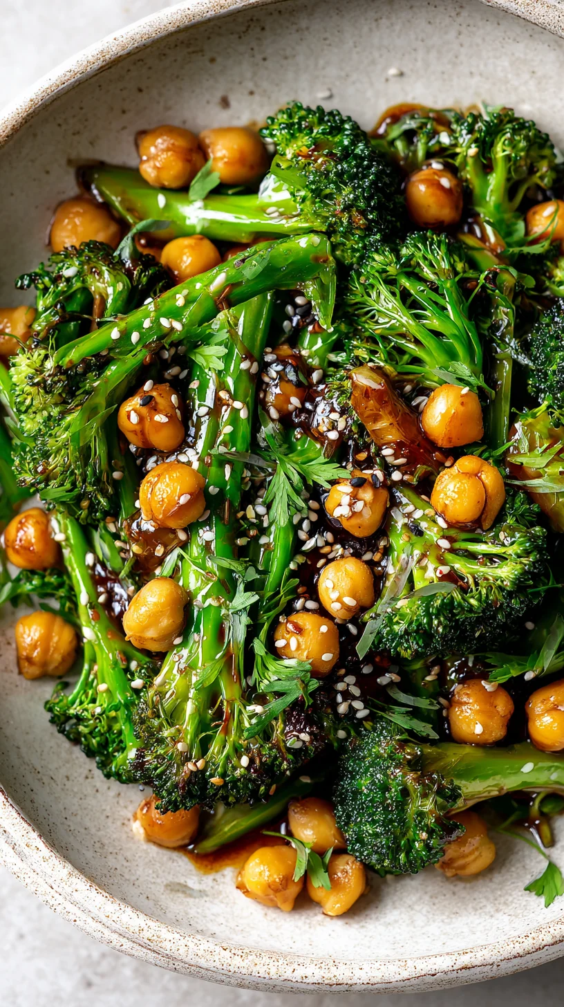 Bowl of healthy broccoli and chickpea stir fry.