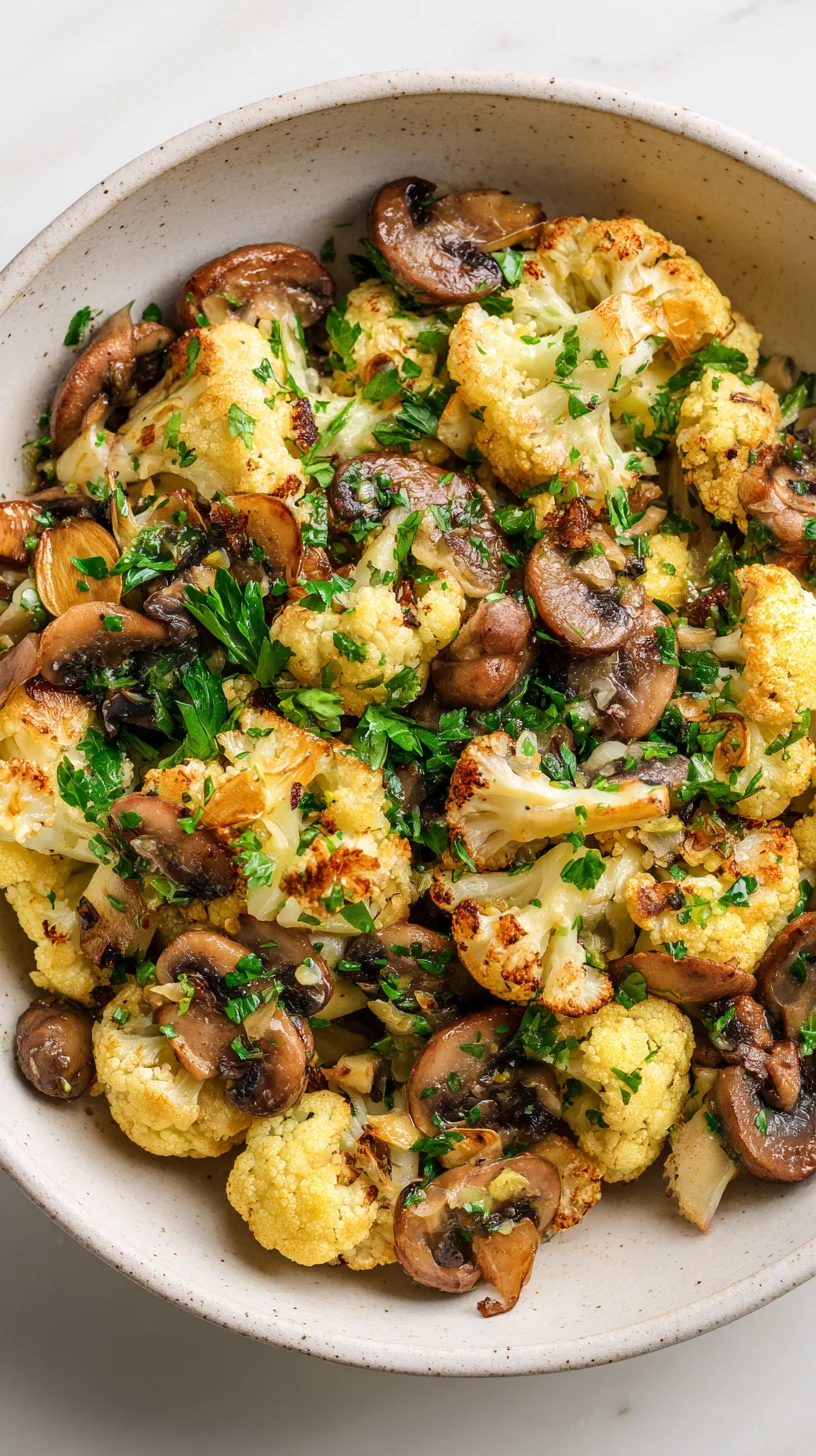 Skillet dish with garlic, cauliflower, and mushrooms. Skillet dish with garlic, cauliflower, and mushrooms.
