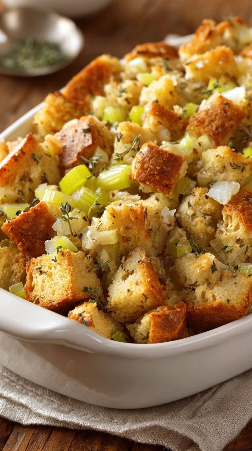 Hands preparing Thanksgiving stuffing.