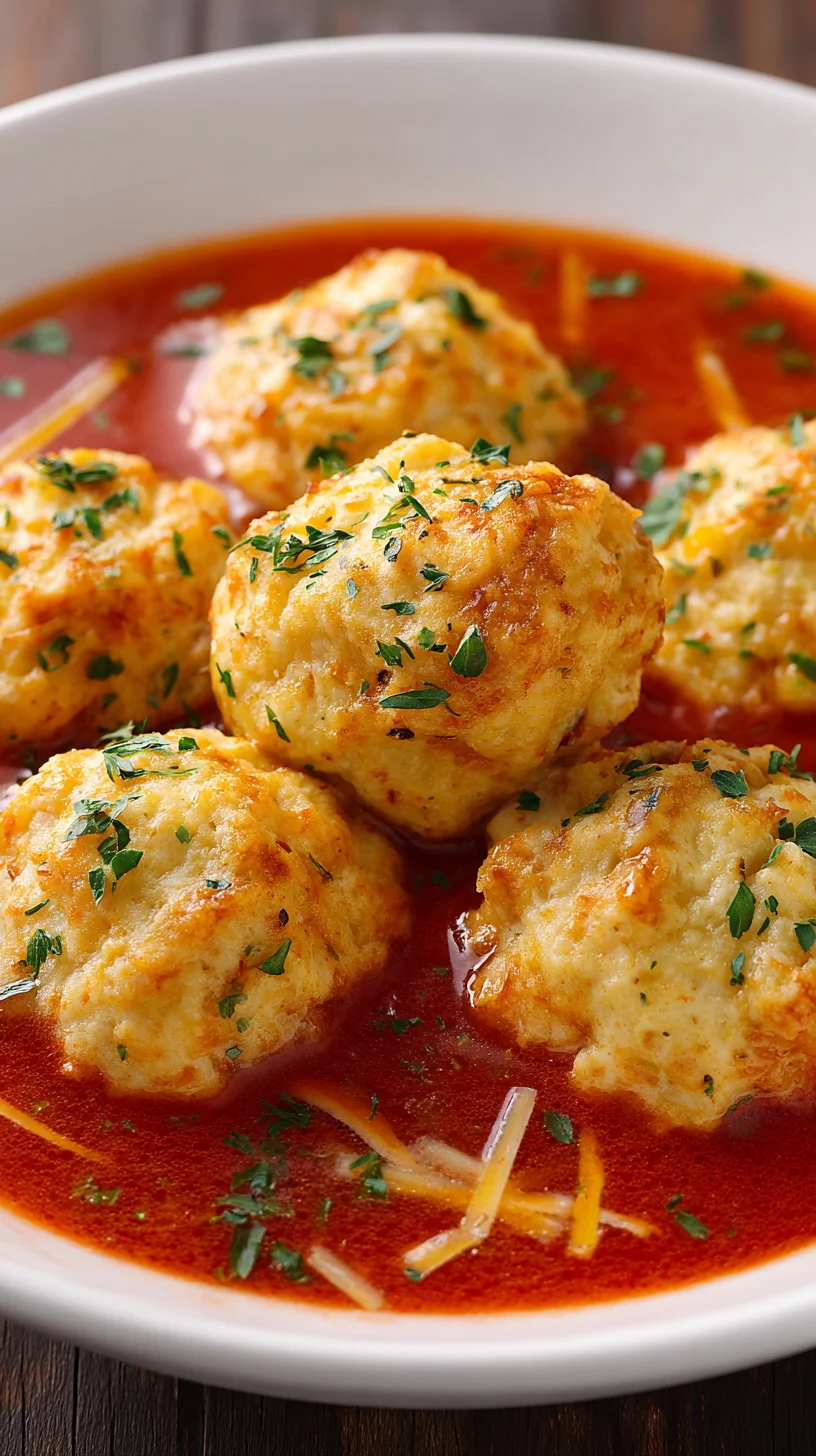 Tomato soup topped with cheesy dumplings in a bowl.