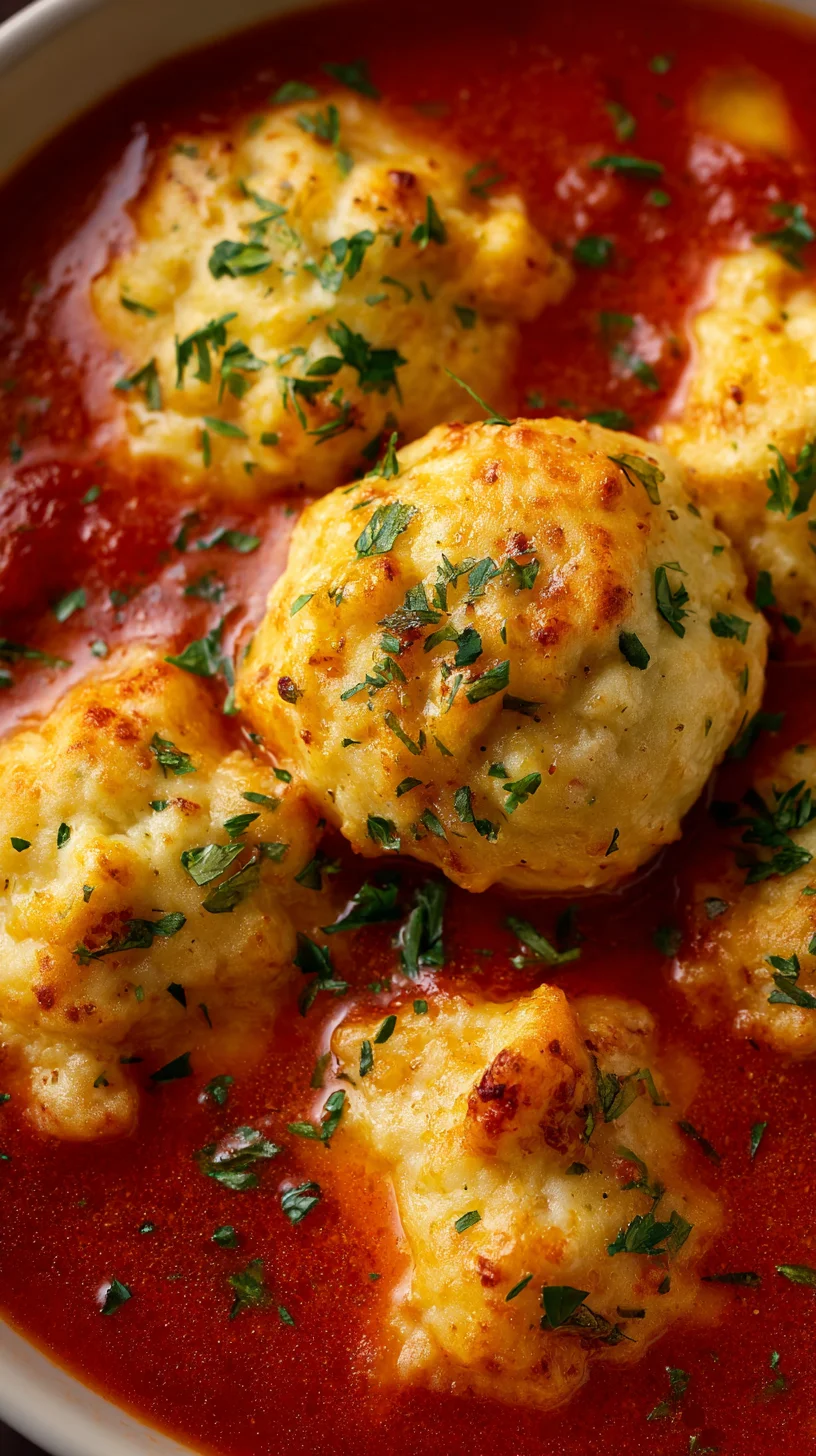 Close-up of golden cheddar bay dumplings in red tomato soup.