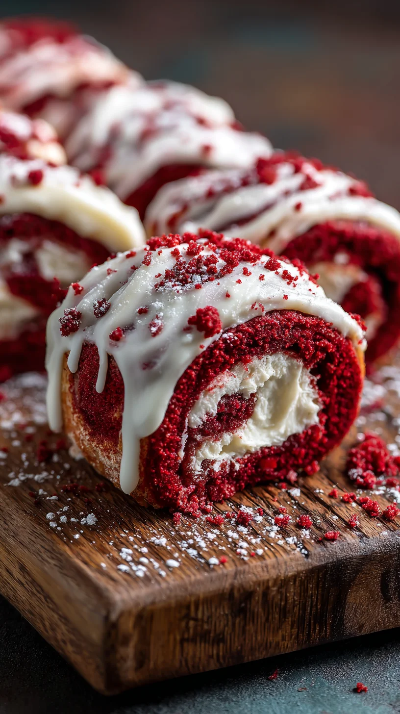 Frosted red velvet rolls on a plate.