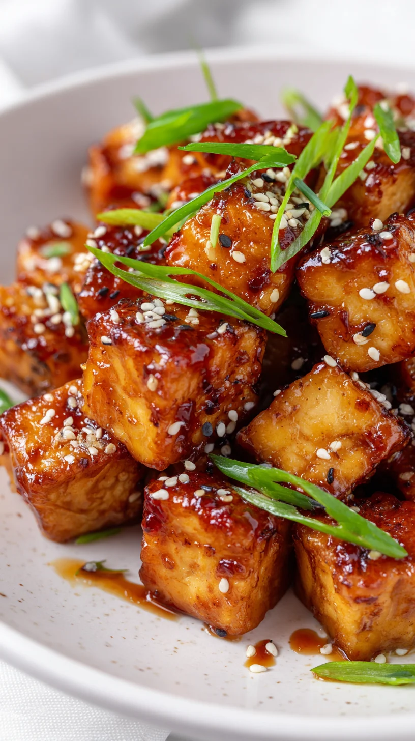 Plate of irresistibly crispy honey garlic tofu.