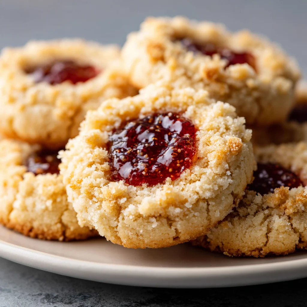 Jam thumbprint cookies with buttery crumble topping.