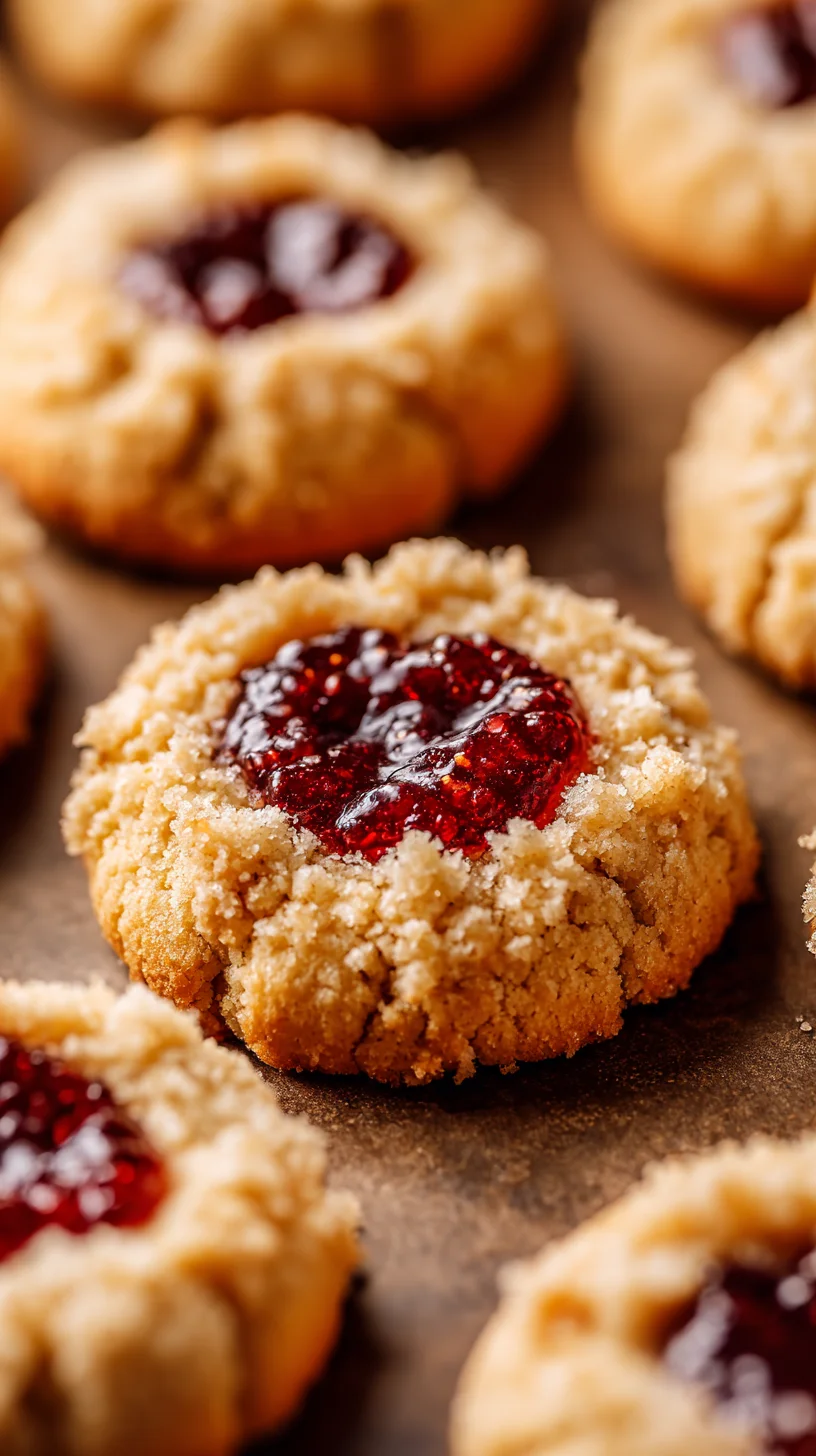 Close-up of homemade jam thumbprint cookies.