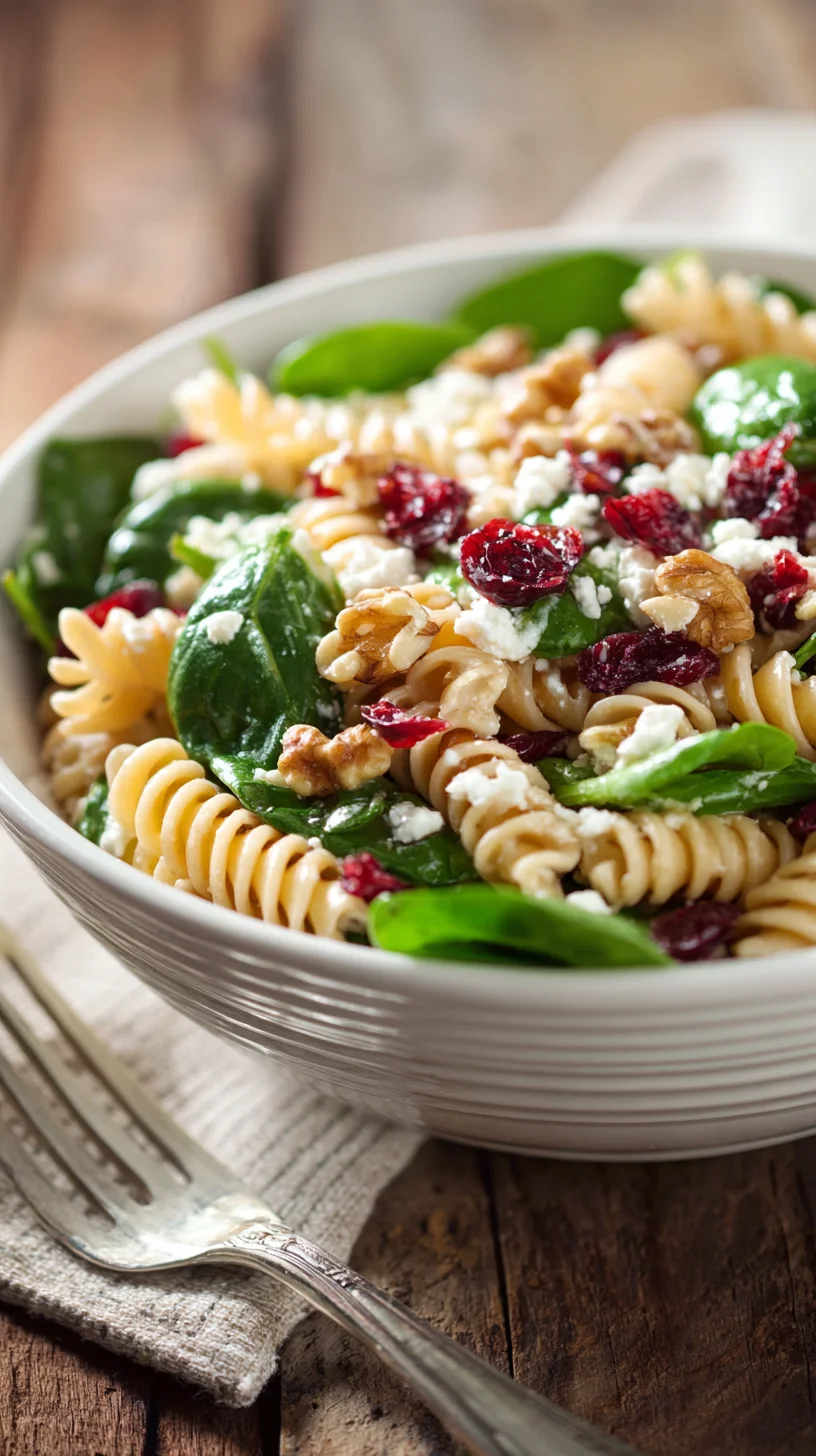 Spinach pasta salad with feta and cranberries.
