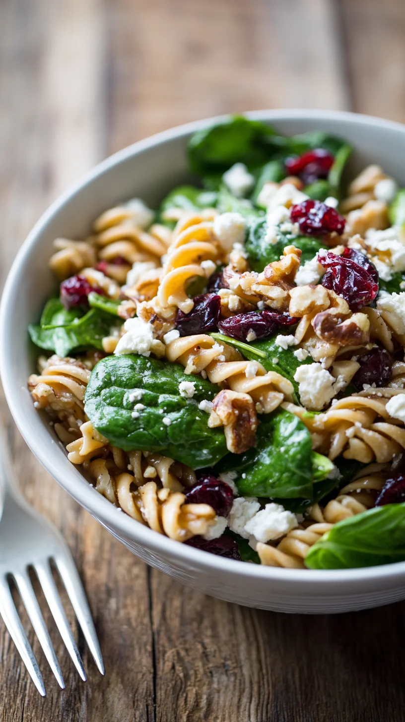 Nutritious spinach pasta salad featuring feta and cranberries.