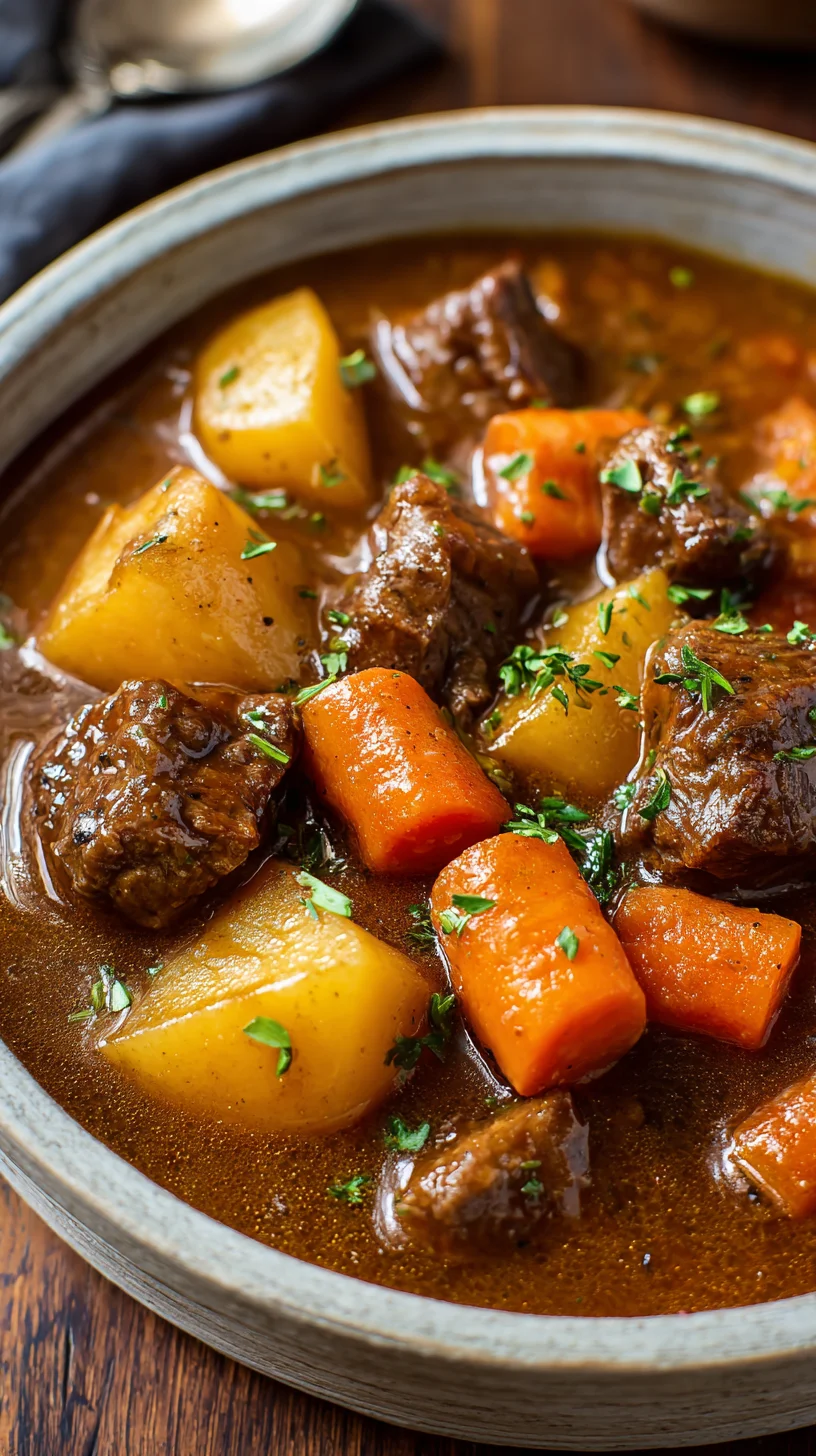 Hearty beef stew with tender meat and vegetables.