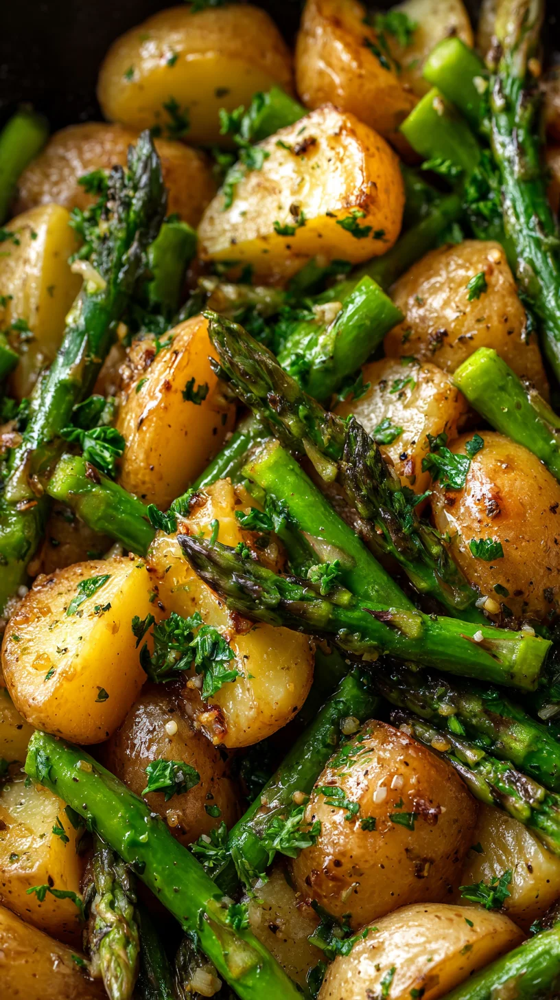 One-pan garlic potatoes and asparagus. One-pan garlic potatoes and asparagus.