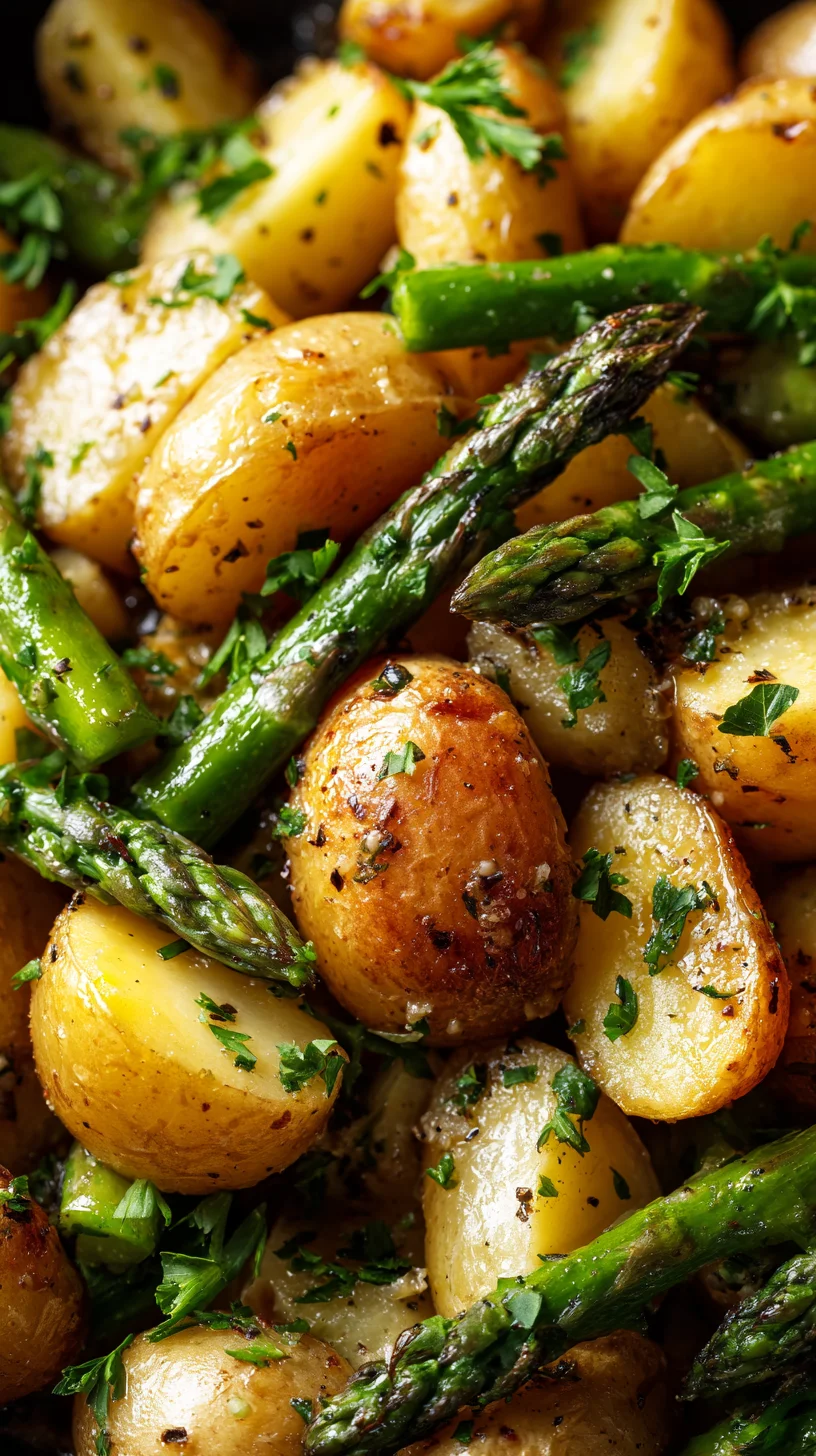Roasted asparagus and potatoes in a single pan. Roasted asparagus and potatoes in a single pan.