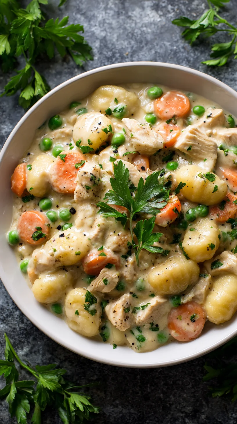 Chicken pot pie made easy in one pot with gnocchi.