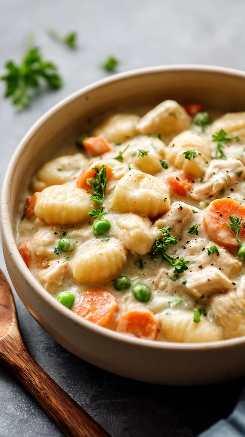 Creamy chicken and vegetable gnocchi skillet topped with golden crust.