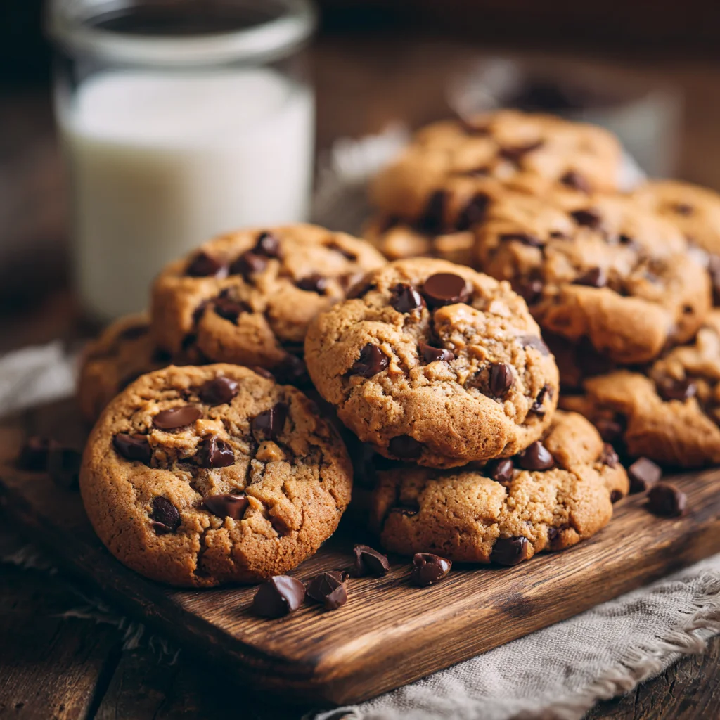A plate of freshly baked peanut butter chocolate chip cookies.