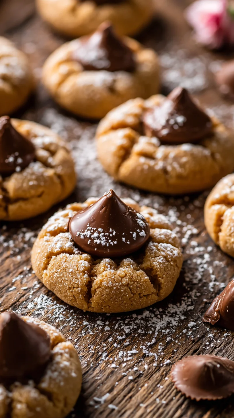 Golden peanut butter cookie with chocolate kiss.