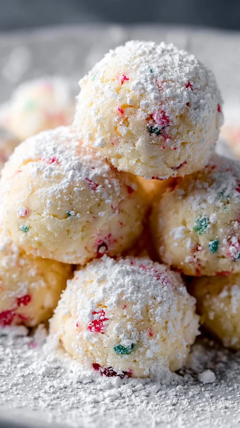 Peppermint snowball cookies, dusted in powdered sugar.