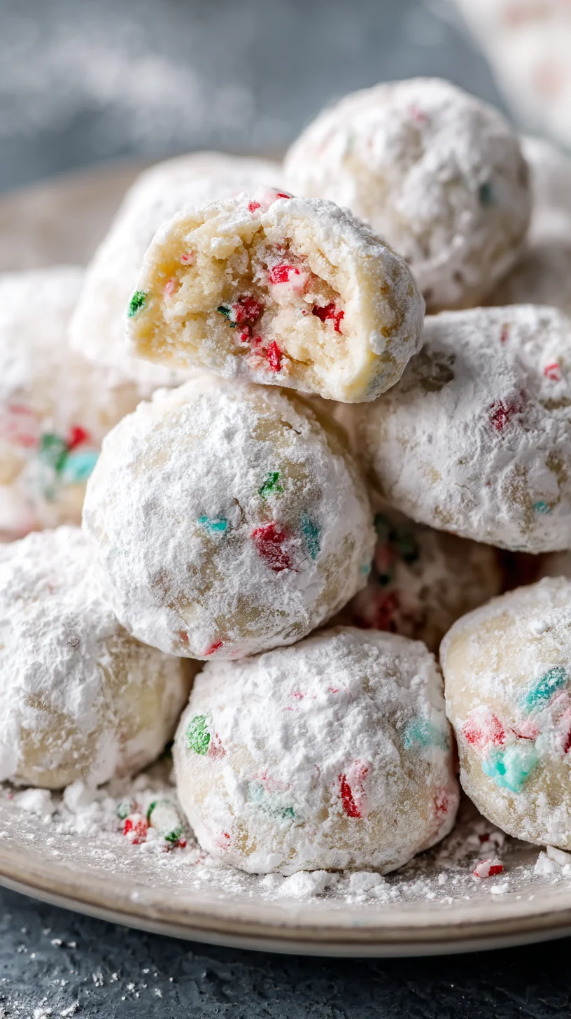 Close-up of a crumbly, peppermint-flavored snowball cookie.