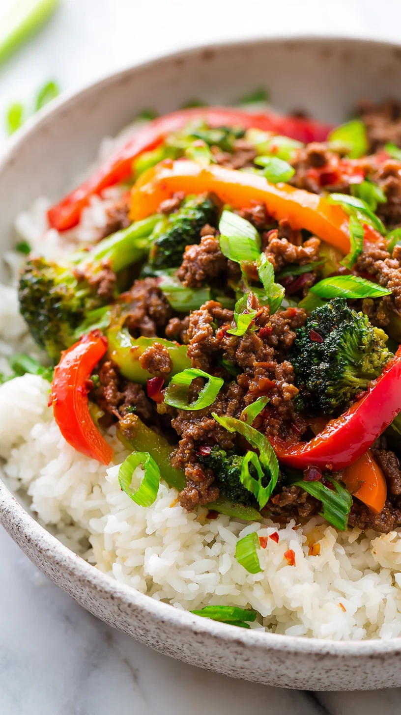 Spicy ground beef stir-fry bowl with garlic vegetables and steamy rice.