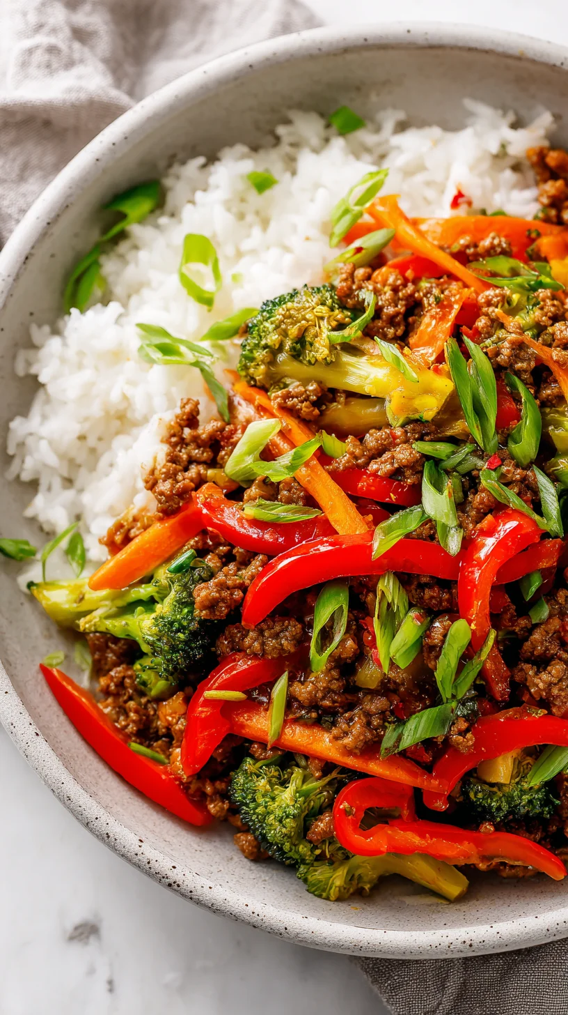 Overhead view of a vibrant ground beef stir-fry bowl with garlic veggies and rice.