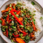 Spicy Ground Beef Stir-Fry Bowl with Garlic Veggies & Steamy Rice | Quick Weeknight Dinner