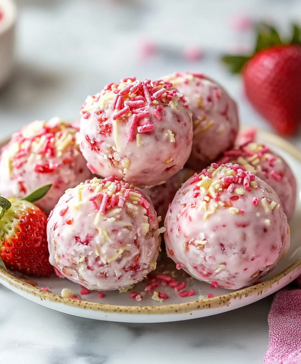 Pink, bite-sized strawberry cheesecake protein balls.