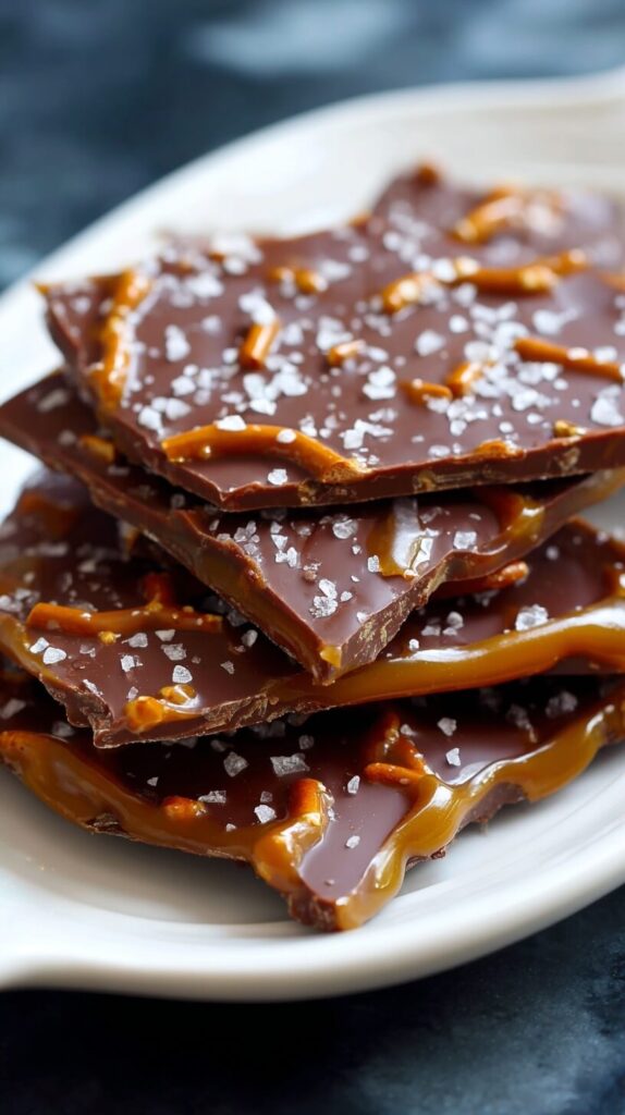 1. Salted caramel pretzel bark with chocolate, pretzels, and caramel swirls.