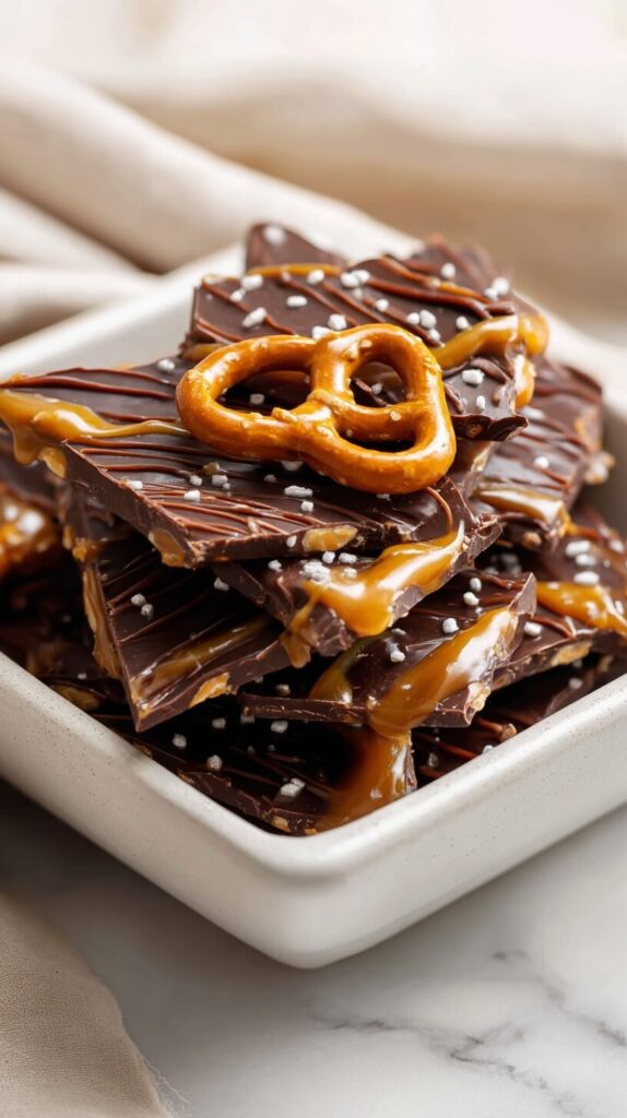 2. Close-up of glistening salted caramel pretzel bark topped with sea salt.