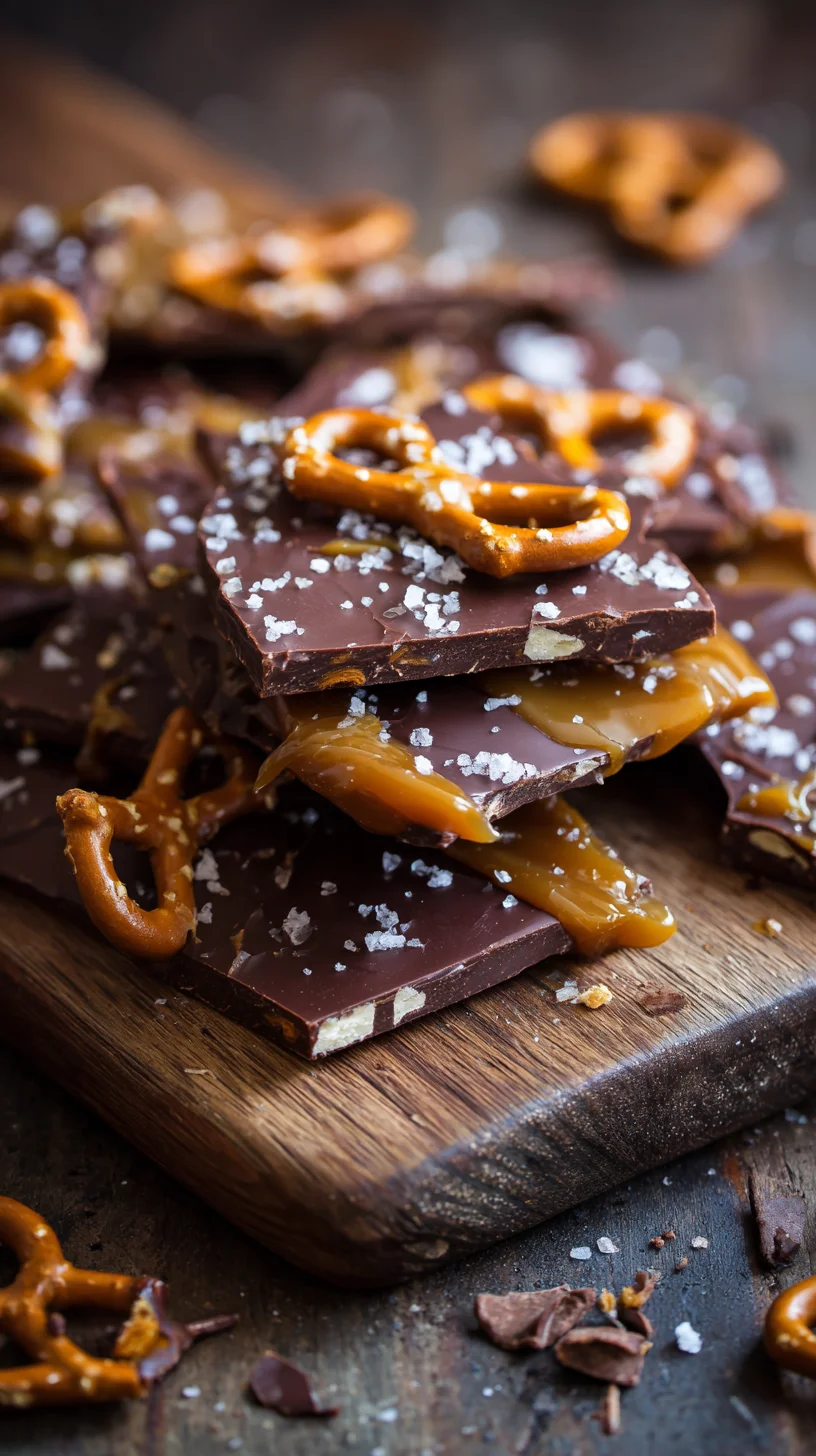 2. Close-up of glistening salted caramel pretzel bark topped with sea salt. 2. Close-up of glistening salted caramel pretzel bark topped with sea salt.