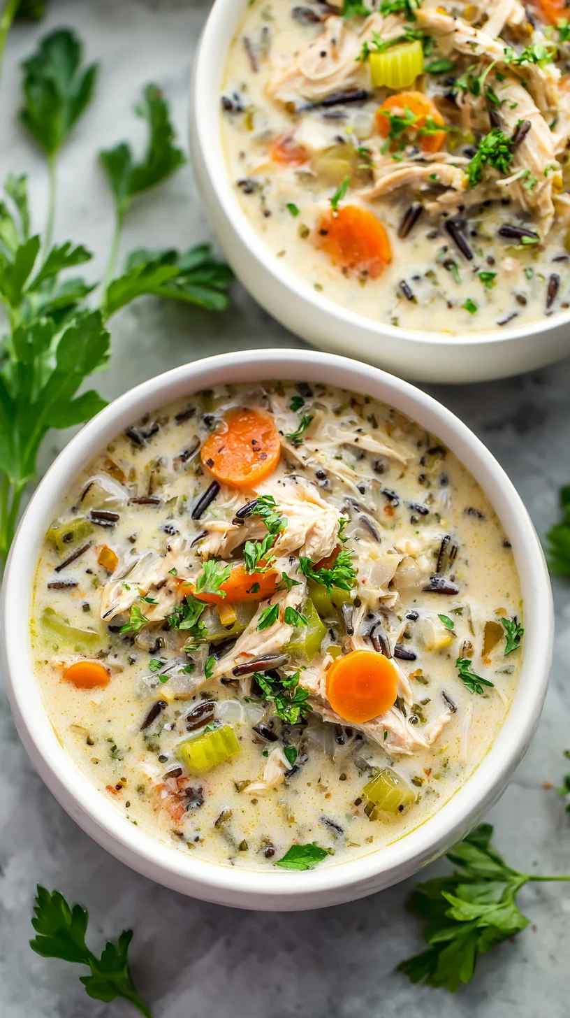 Creamy turkey wild rice soup in a rustic bowl. Creamy turkey wild rice soup in a rustic bowl.