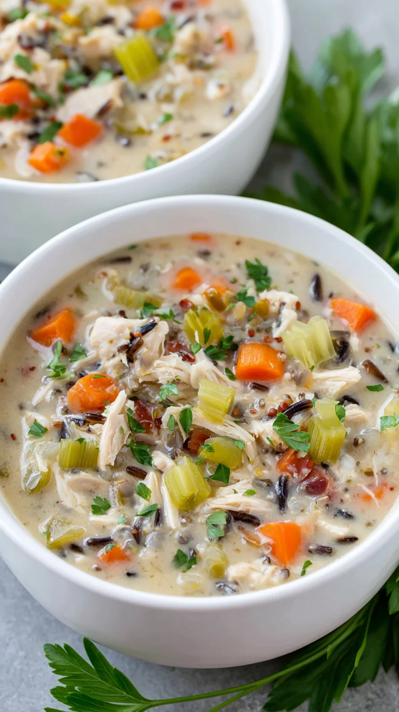 Comforting turkey and wild rice soup, steam rising. Comforting turkey and wild rice soup, steam rising.